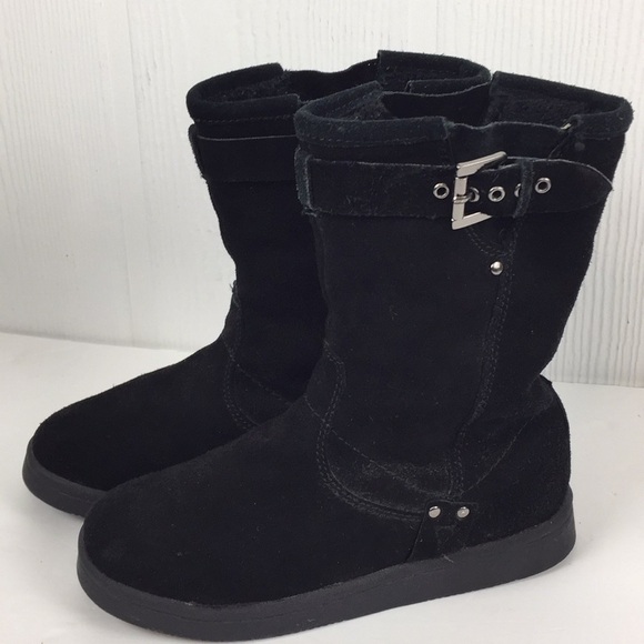 𝅺MARC Fisher Black Suede Leather Lined Boots Mid Calf Pull On Flat Heel 5.5 - Picture 1 of 8